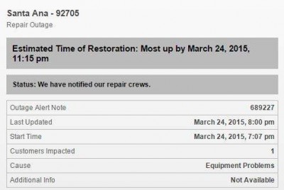 Santa Ana Power Outage on March 24, 2015