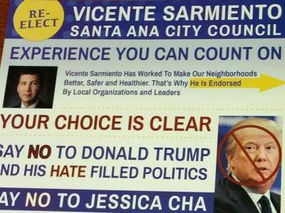 A dishonest mailer from a pro Vince Sarmiento PAC - Jessica Cha is a Democrat too and does not support Trump!