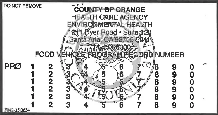 Example 3 of a health permit issued by the County of Orange, CA.