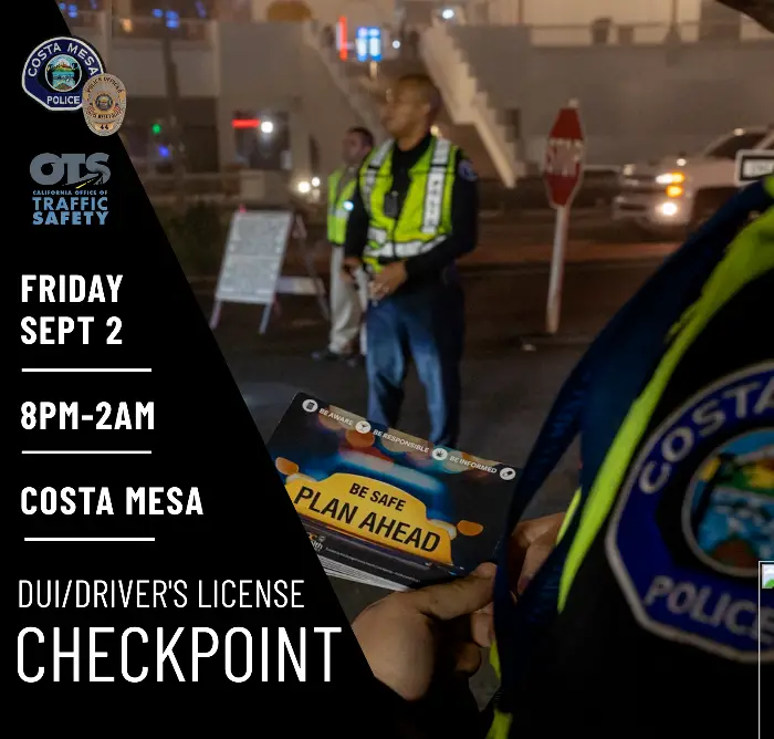 Costa Mesa Police DUI Checkpoint On Sep. 2 