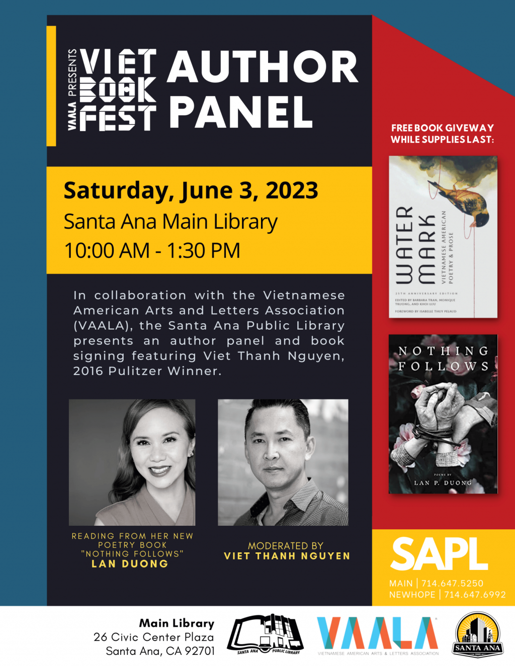 The Santa Ana Library will host authors Viet Thanh Nguyen and Lan Duong