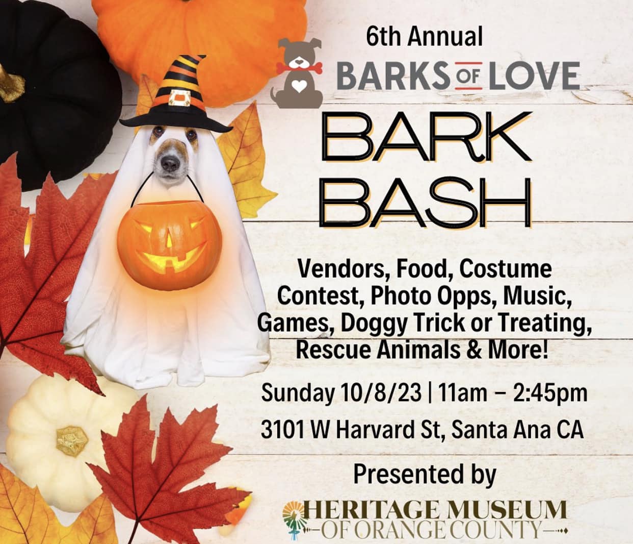 Take your doggy trick or treating at the Bark Bash at the Heritage