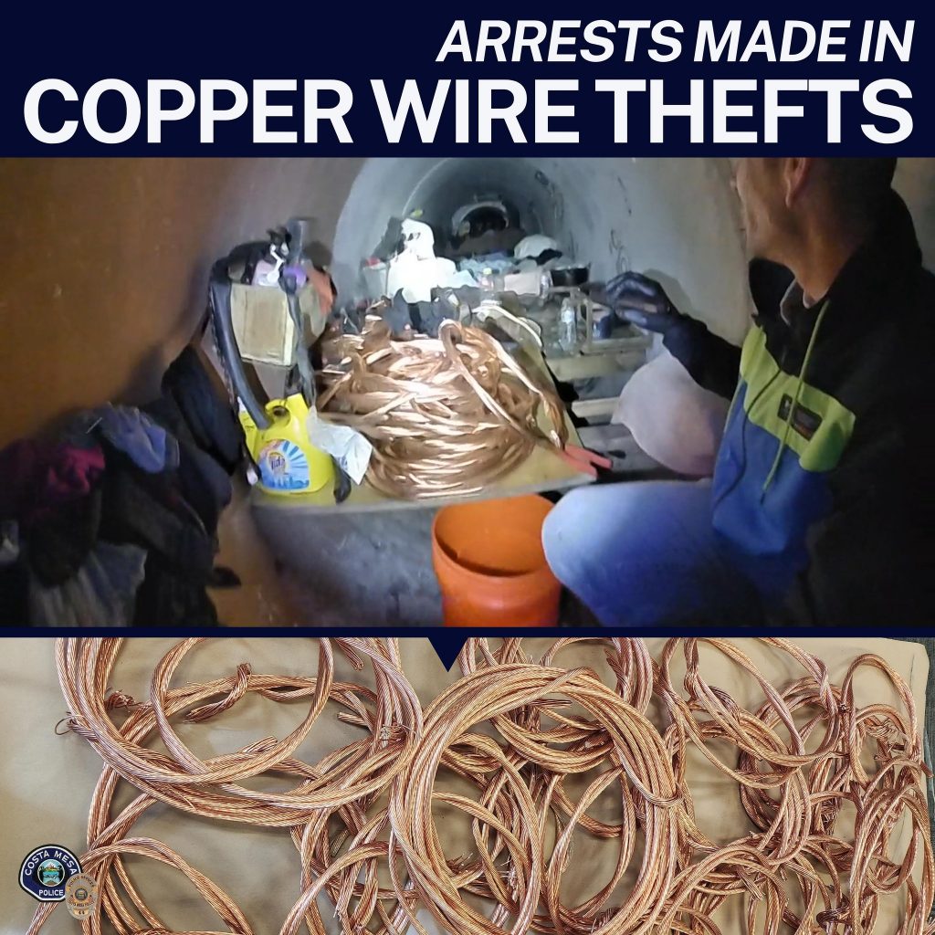 The Costa Mesa Police arrested three copper wire thieves and recovered 220 pounds of stolen wire