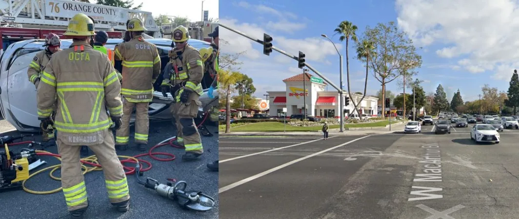 A driver was rescued by firefighters after he crashed into a tree in southern Santa Ana