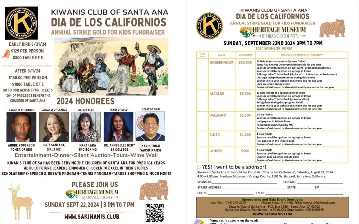 The Kiwanis of Santa Ana will host their Dia De Los Californios fundraiser on Sep. 22