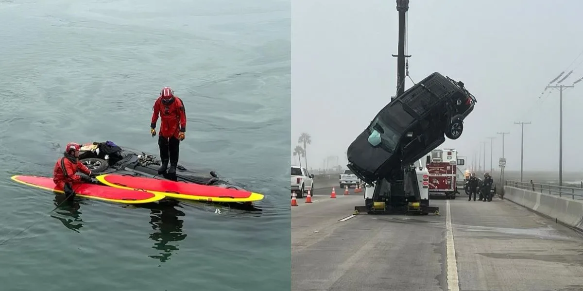 Police and lifeguards rescued a man who drove into a marsh in Huntington Beach