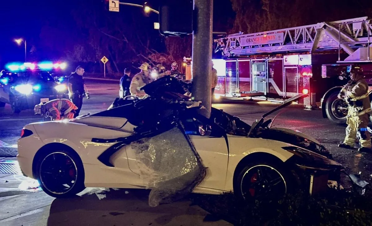 Car split almost in two after hitting a traffic signal pole in Irvine