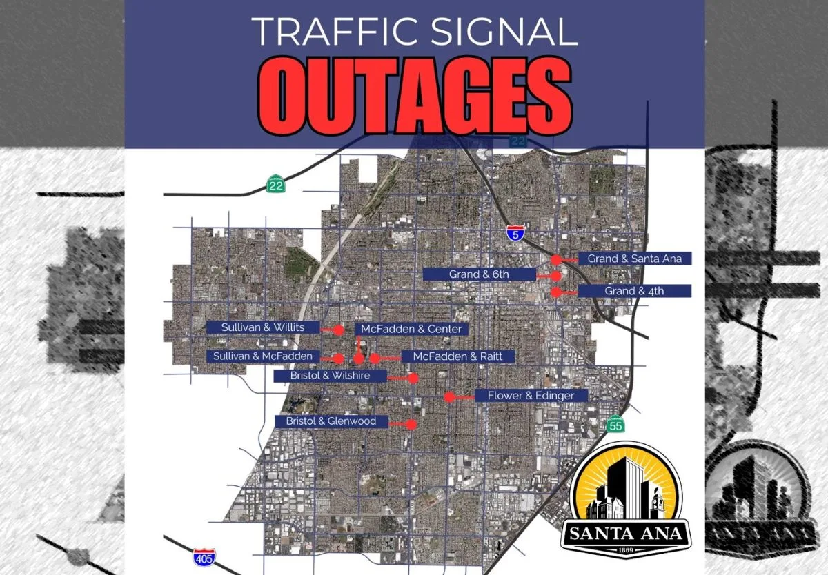 Multiple traffic signal lights are out in Santa Ana due to wind-driven power outages