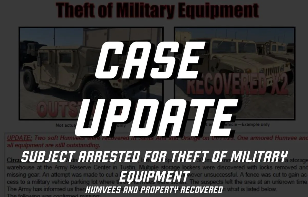 Orange resident arrested in connection with the theft of military equipment from the Tustin Army Reserve Center