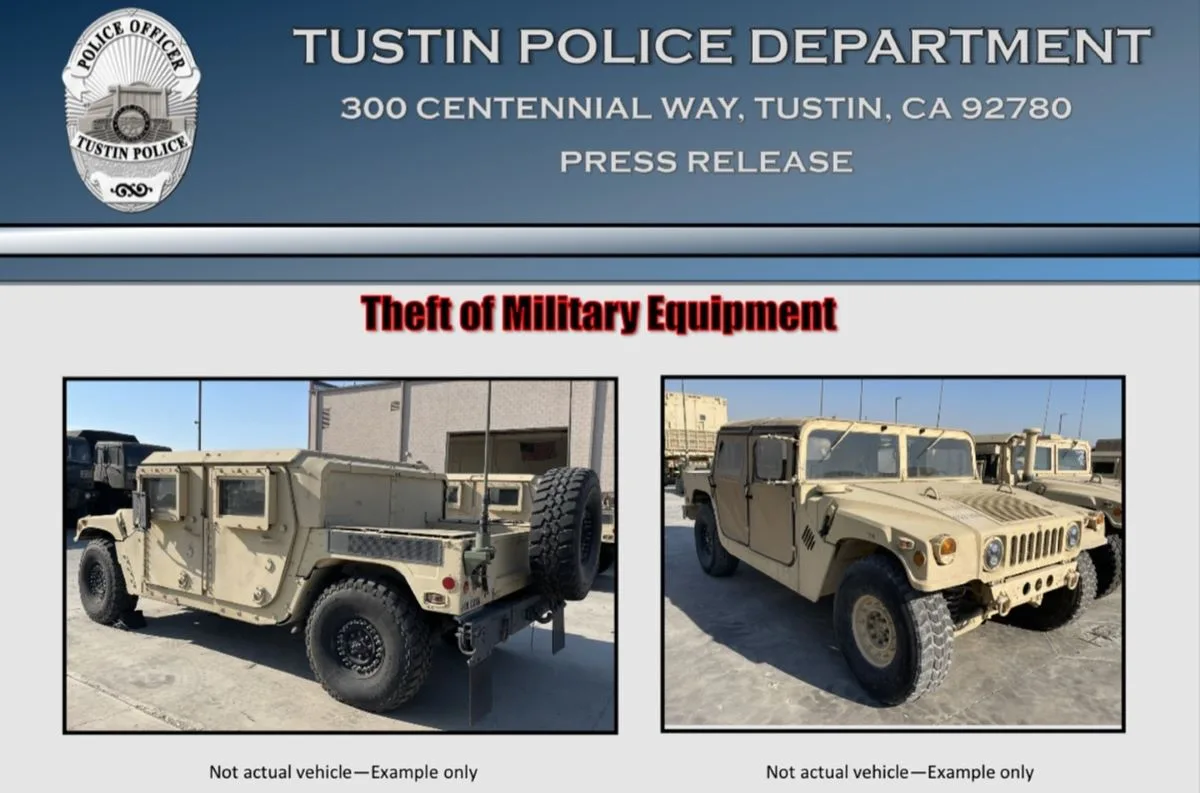 Three military Humvee vehicles were stolen from the Army Reserve Center in Tustin