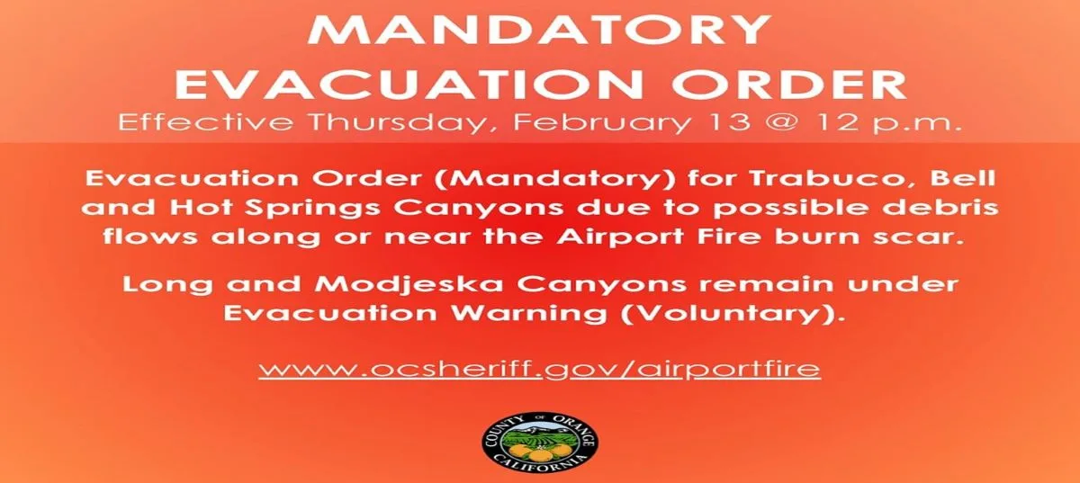 Mandatory evacuation order issued for Trabuco Bell Hot Spring Canyons Near the Airport Fire Burn Scar