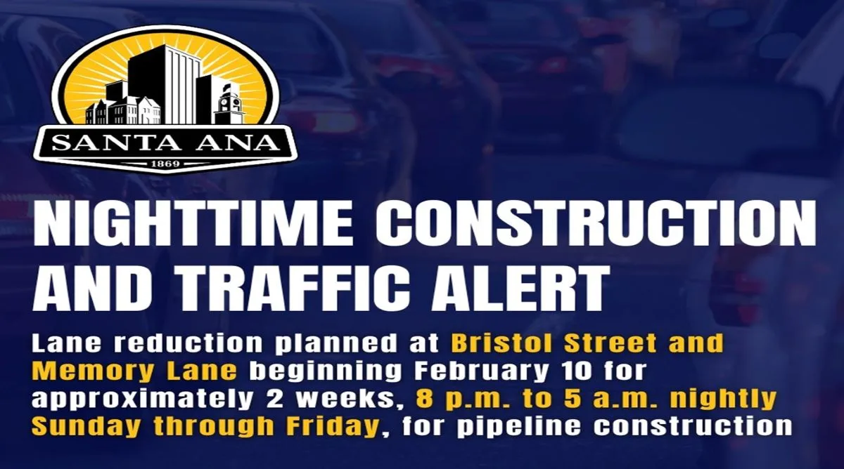 Nightly lane reductions for pipeline construction at Bristol Street and Memory Lane starting Feb 10