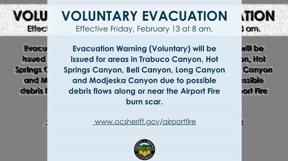 Voluntary evacuation warning issued for the canyons near the OC Airport Fire burn scar