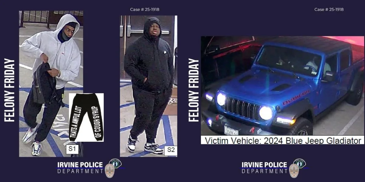 A Jeep stolen in Irvine by two suspects was found in Hollywood