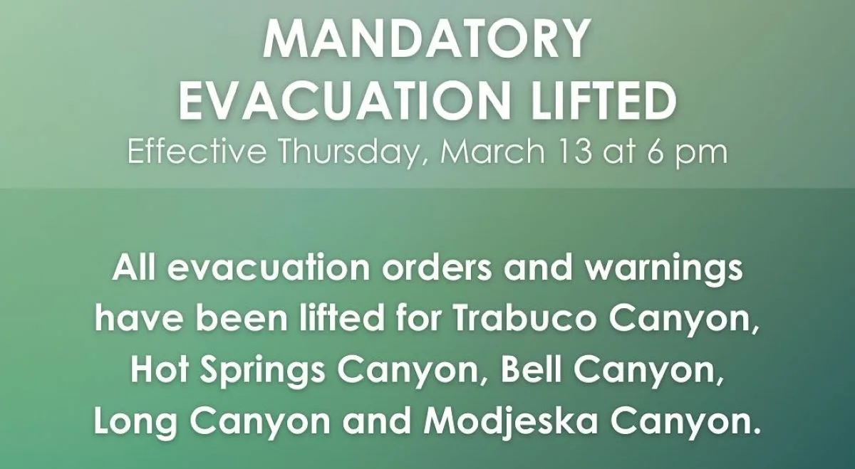 All evacuation orders lifted for all OC canyons near the Airport Fire burn scar