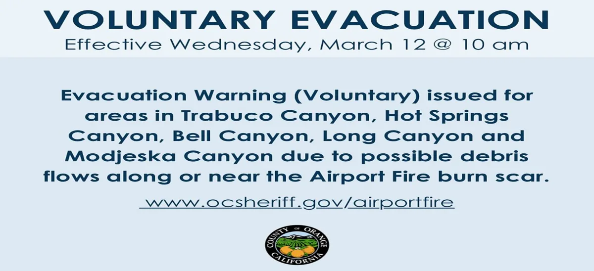 Voluntary evacuation warning issued for Orange County areas near the Airport Fire burn scar