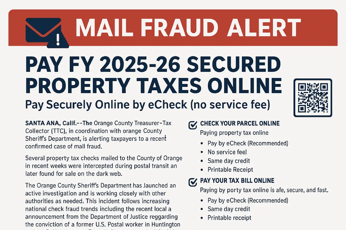 Online O.C. property tax payment recommended due to mail fraud